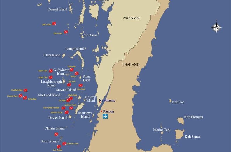 mapa sitios de buceo archipiélago Mergui